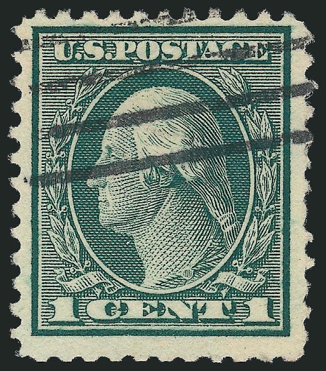 1c Green, Rotary Perf 11 (544).> Rich color, bold strike of open grid cancel, unusually wide margins for this issue, light internal crease visible only in fluid, slightly shortish perf at right<><>^VERY FINE
APPEARANCE. AN ATTRACTIVE WIDE MARGINED