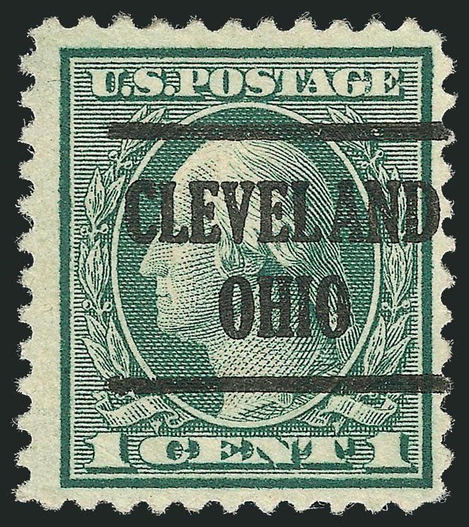 1c Green, Rotary Perf 11 (544).> Bright color and detailed impression, bold Cleveland Ohio precancel, attractive centering for this notoriously off-center stamp<><>^FRESH AND VERY FINE EXAMPLE OF THIS
CHALLENGING ROTARY SHEET WASTE ISSUE.^<><>W
