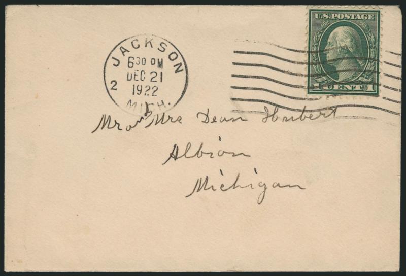1c Green, Rotary Perf 11 (544).> Choice centering, tied by <Jackson Mich. 6:30PM Dec. 21, 1922> machine cancel on small cover to Albion Mich.<><>^EXTREMELY FINE. A BEAUTIFUL EXAMPLE OF THE 1922 ONE-CENT ROTARY
PERF 11 ON COVER. ONLY NINE POSTCARD