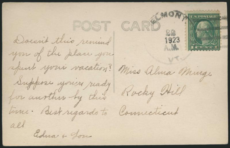1c Green, Rotary Perf 11 (544).> Rich color, tied by Belmont Vt. (Month?) 22 A.M. 1923 duplex datestamp and bars cancel on photographic postcard to Rocky Hill Conn.<><>^VERY FINE. A RARE EXAMPLE OF THE 1922
ONE-CENT ROTARY PERF 11 USED ON A POST
