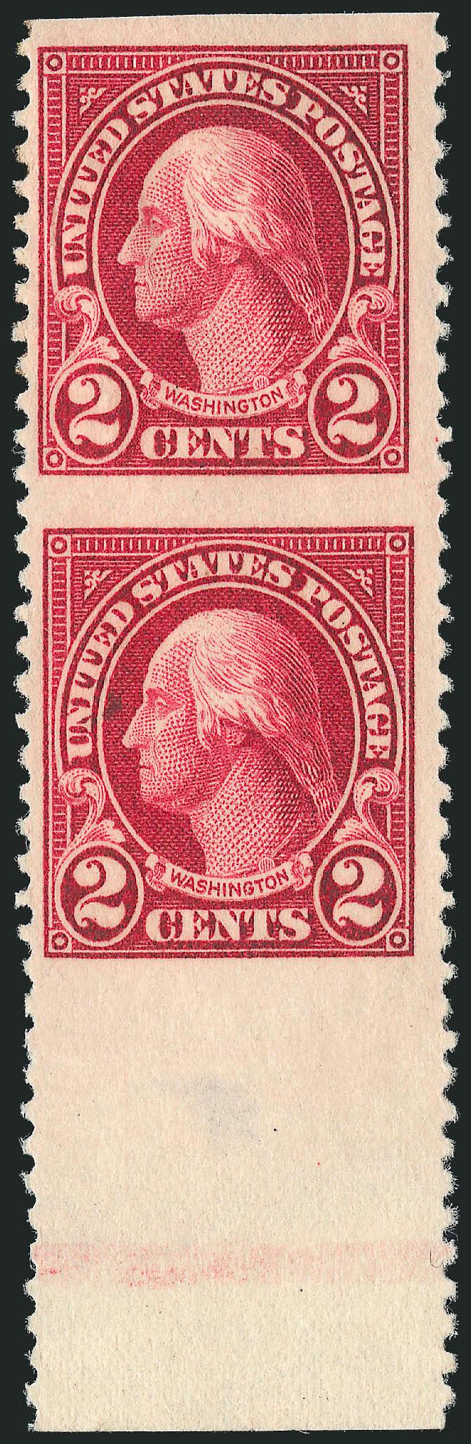 2c Carmine, Vertical Pair, Imperforate Horizontally (554b).> Wide selvage at bottom, government paste-up paper adhering to top stamp, deep rich color and nicely centered, small thin spot in selvage well below
bottom stamp not mentioned on accompanyin