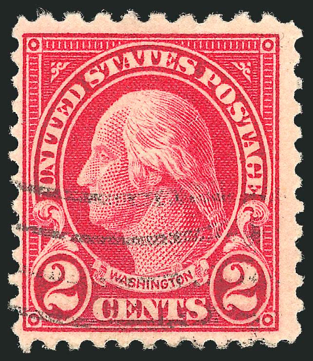 2c Carmine, Perf 10 at Top (554d).> Deep rich color, choice centering with wide margins, neat strike of wavy-line machine cancel<><>^FINE-VERY FINE. A  BRIGHT AND FRESH LIGHTLY-CANCELLED EXAMPLE OF THE RARE
1922 2-CENT PERF 10 AT TOP.^<><>Unpubli