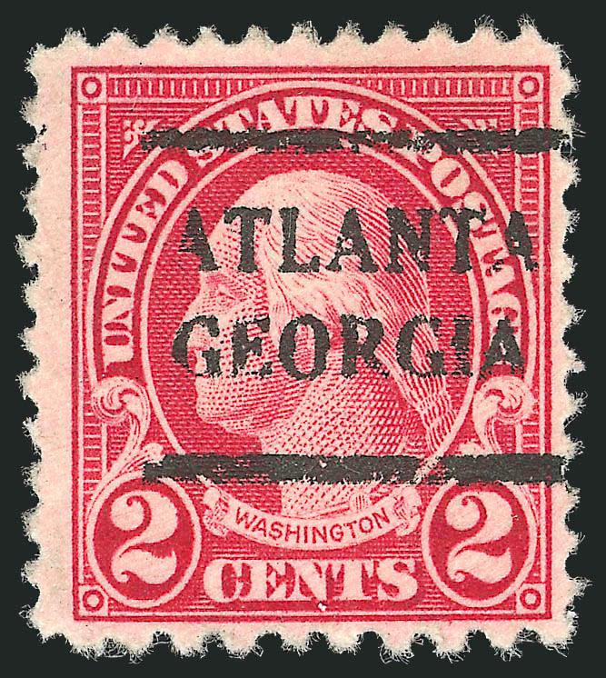2c Carmine, Perf 10 at Bottom (554d).> Deep rich color, choice centering with wide margins, Atlanta Georgia precancel, very slight creasing at upper left<><>^VERY FINE APPEARING EXAMPLE OF THE 1922 2-CENT PERF
10 AT BOTTOM.^<><>One other exampl