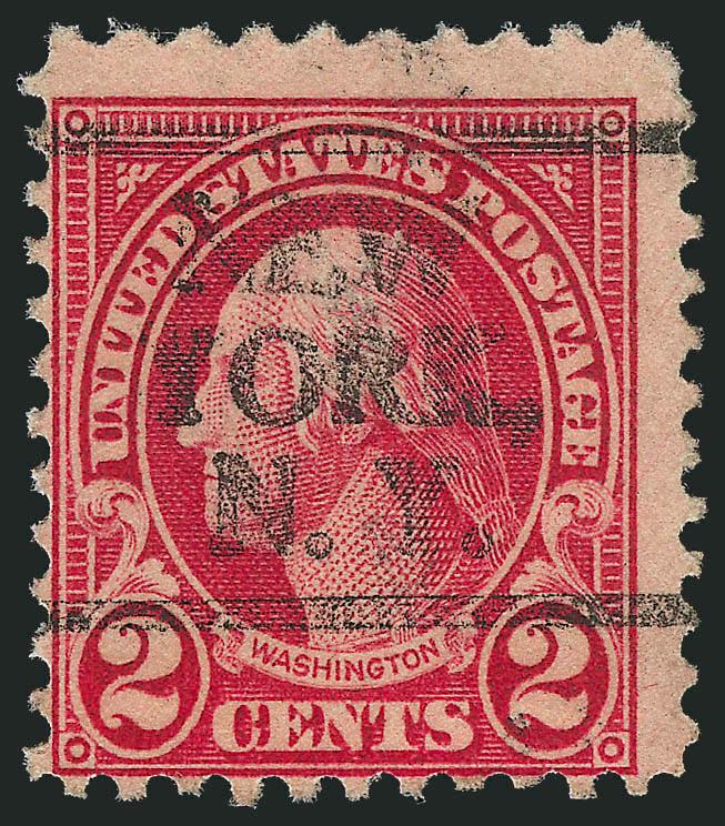 2c Carmine, Perf 10 at Top (554d).> Bright color, New York precancel, centered to bottom left<><>^FINE AND RARE EXAMPLE OF THE 1922 2-CENT PERF 10 AT TOP.^<><>This stamp comes from the bottom right of a block
of four that was offered as lot 334 i
