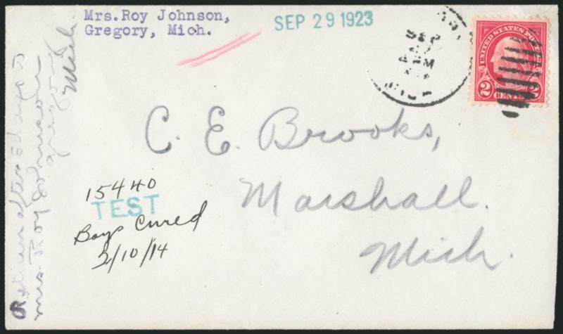 2c Carmine, Perf 10 at Top (554d).> Choice centering, tied by light strike of Gregory Mich. Sep. ? duplex cancel on cover to Marshall Mich., blue Test handstamp at left with manuscript <<15440 Boys Cured
21014>>, also 1923 receiving handstamp