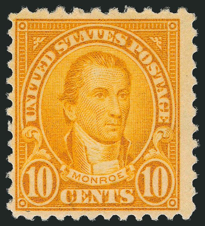 10c Orange, Perf 10 at Top (562c).> Original gum, small h.r., vivid color on fresh paper, natural perf disc impression at bottom<><>^FINE. ONE OF ONLY THREE RECORDED UNUSED EXAMPLES OF THE 10-CENT 1922 ISSUE
PERF 10 AT TOP OR BOTTOM VARIETY AND ONE