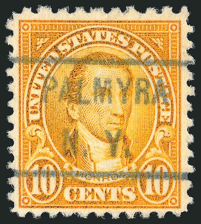 10c Orange, Perf 10 at Top (562c).> Choice centering, vivid color, neat Palmyra N.Y. precancel<><>^EXTREMELY FINE. A RARE SOUND EXAMPLE OF THE 10-CENT 1922 ISSUE PERF 10 AT TOP.^<><><><>Our census records of
used examples of Scott 562c contai