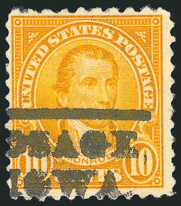 10c Orange, Perf 10 at Top (562c).> Bold Osage Iowa precancel, rich color<><>^VERY FINE AND CHOICE. ONE OF THE FINEST EXAMPLES OF THE RARE 10-CENT 1922 ISSUE PERF 10 AT TOP OR BOTTOM VARIETY.^<><>Of the 16
used examples contained in our records