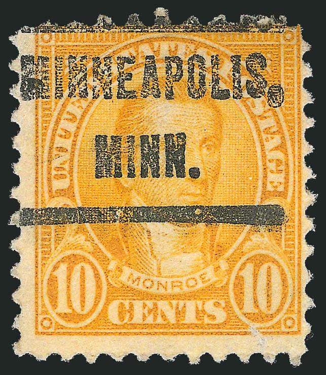 10c Orange, Perf 10 at Top (562c).> Bold Minneapolis, Minn. precancel, deep shade, small crease at top left, shortish perf at top, tiny surface scrape<><>^FINE APPEARANCE. A RARE AND AFFORDABLE EXAMPLE OF THE
1922 10-CENT PERF 10 AT TOP OR BOTTOM