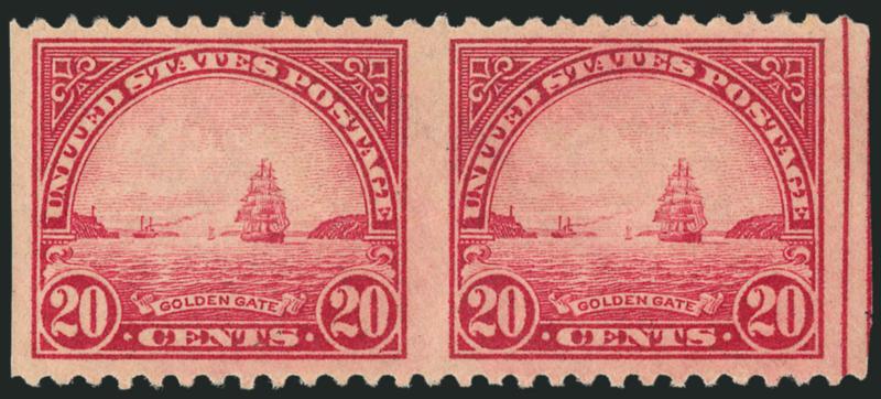 20c Carmine Rose, Horizontal Pair, Imperforate Vertically (567a).> Single hinge mark, intense shade, full guideline at right, usual light natural gum bend not mentioned on accompanying certificate<><>^VERY
FINE AND CHOICE. A RARE EXAMPLE OF THE 20-
