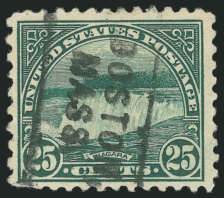 25c Yellow Green, Perf 10 at Left (568c).> Deep rich color, neat Boston Mass. parcel post roller cancel, faint creasing and tiny tear at left<><>^FINE APPEARANCE AND EXCEPTIONALLY RARE. ONLY FIVE USED EXAMPLES
OF THE 1922 25-CENT PERF 10 ON ONE S