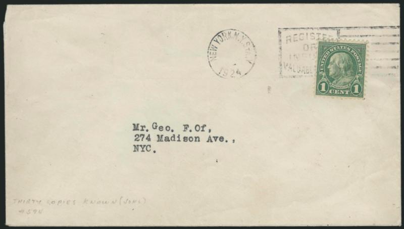 1c Green, Rotary, Perf 11 (594).> Perfectly centered, long full perfs all around, tied by ^NEW YORK, N.Y. STA. Y 1924^ dateless machine cancel with ^REGISTER OR INSURE VALUABLE MAIL^ slogan in bars on unsealed
circular-rate envelope with typewrit