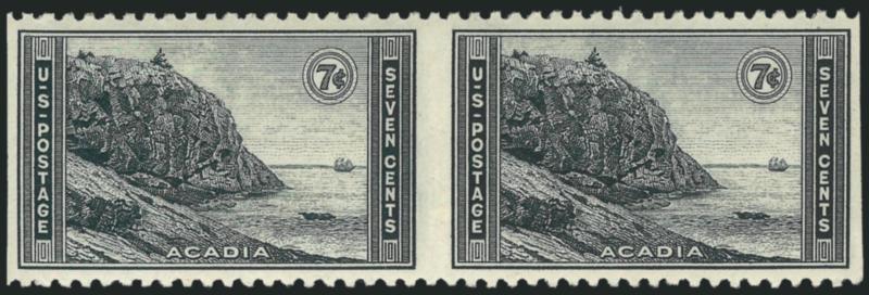7c Acadia Park, Horizontal Pair, Imperforate Vertically (746a).> Mint N.H., choice centering, intense shade and impression, fresh and Extremely Fine, very scarce, we have offered only one different example
since 1993 (in 2000), ex Whitman, with 1975