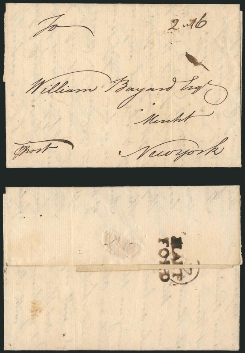 (Hartford Conn., 1766) HARTFORD.> Two-line handstamp struck over Franklin mark on back of Aug. 10, 1766 folded letter addressed to prominent merchant William Bayard in New York, ms. 2.16 dwt rate, Very Fine
strike of this scarce British Colonial