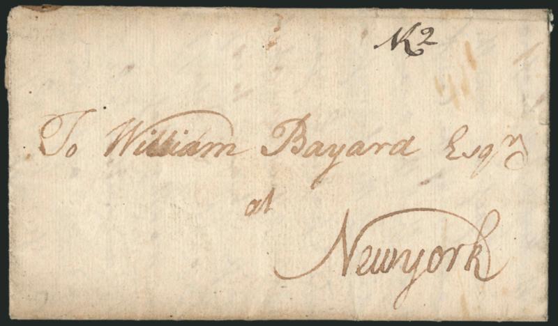(New Haven Conn., 1768) NH 2.> Manuscript postmark and 2dwt on 1768 folded letter to prominent merchant William Bayard in New York, neat strike of 1IA (Jan. 1) Franklin mark on back, Very Fine example of this
British Colonial marking, the recipi
