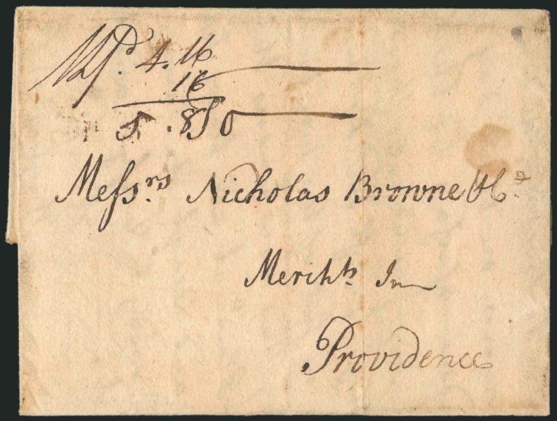 (New London Conn., 1772) NL 1d 4.16.> Manuscript postmark with 16gr added for a total rate of 5.8 dwt on 1772 folded letter to Providence R.I., light file folds and few toned spots, Very Fine example of this
British Colonial marking and a desirable