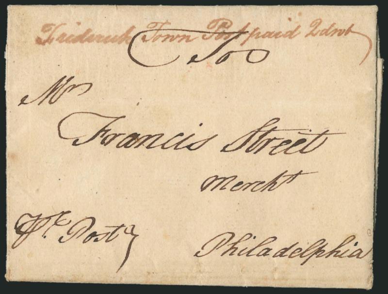 (Frederick Town Md., 1765) Frederick Town Post Paid 2dwt.> Red manuscript postmark and rate on 1765 folded letter to Philadelphia, endorsed <<Pr Post>> at lower left, business contents requesting <<quarter
cask of the best Madeira Wine and Ditto