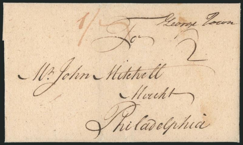 (Georgetown Md., 1774) George Town.> Manuscript postmark with matching 2 dwt and magenta 1 (local currency) rates on 1774 folded letter to Philadelphia, contents ordering linens<><>^VERY FINE. THIS IS THE
EARLIEST REPORTED POSTMARK FROM GEOR