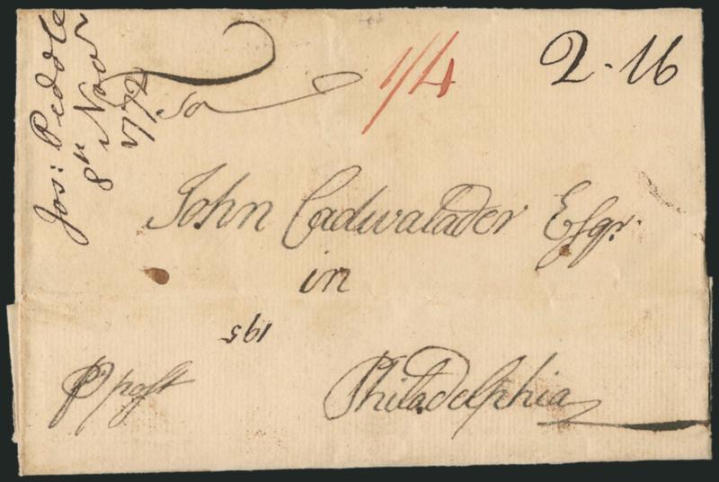 (New Town Md., 1772) NEWTOWN.> Red two-line handstamp perfectly struck on back of folded cover to John Cadwalader in Philadelphia, originated in Talbot Md., manuscript 2.16 (2dwt 16gr) rate, red 14 due in
local currency (2dwt16gr=8p x 1.67 in