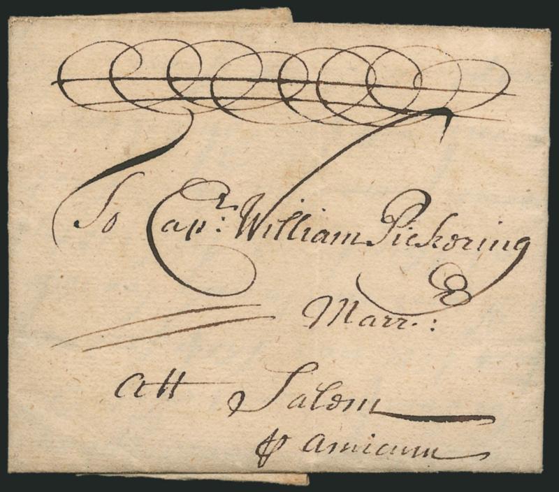 (Boston Mass., 1706) Boston 20th February 1706.> Dateline on folded letter addressed to Capt. William Pickering at Salem Mass., contents request debt to be paid and signed <<your friend to command, Joseph
Dowding>> (a local merchant), fresh and V