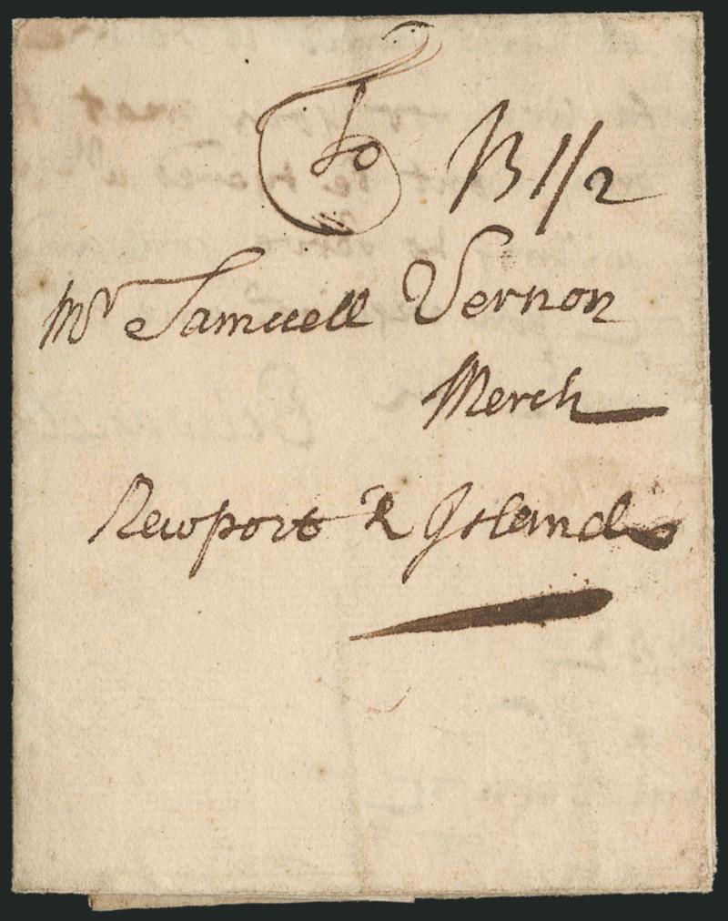 (Boston Mass., 1742) B 12.> Clear manuscript postmark and 1sh2p rate on Feb. 21, 1742 folded letter to Newport R.I., contents discuss non-payment of debt and asks recipient to help collect from a third party,
fresh and Very Fine