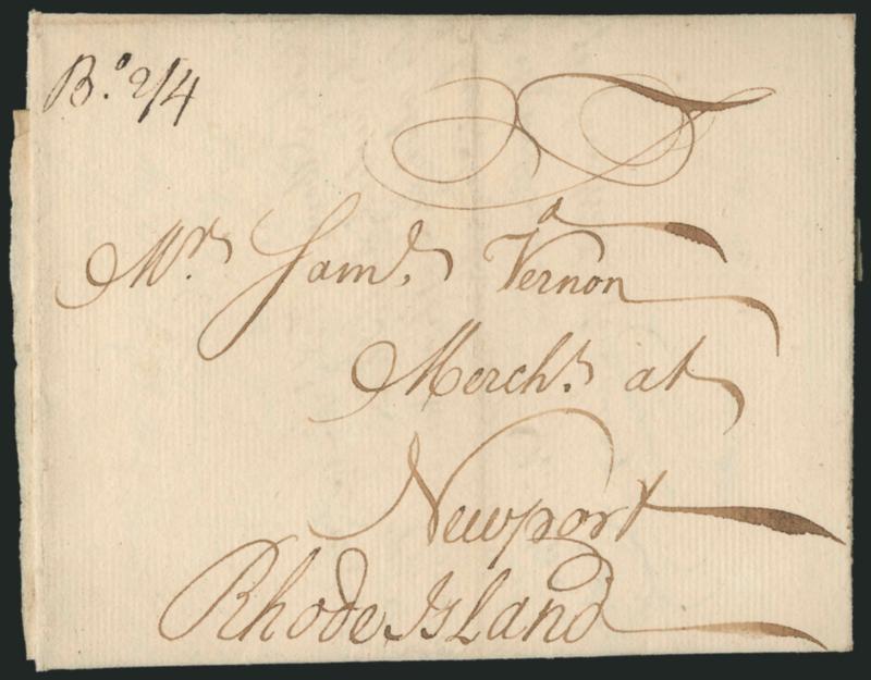 (Boston Mass., 1748) B. 24.> Neat manuscript postmark and 2sh4p double rate on folded letter datelined <oston 13th Febr. 1748>> to Newport R.I., fresh and Very Fine