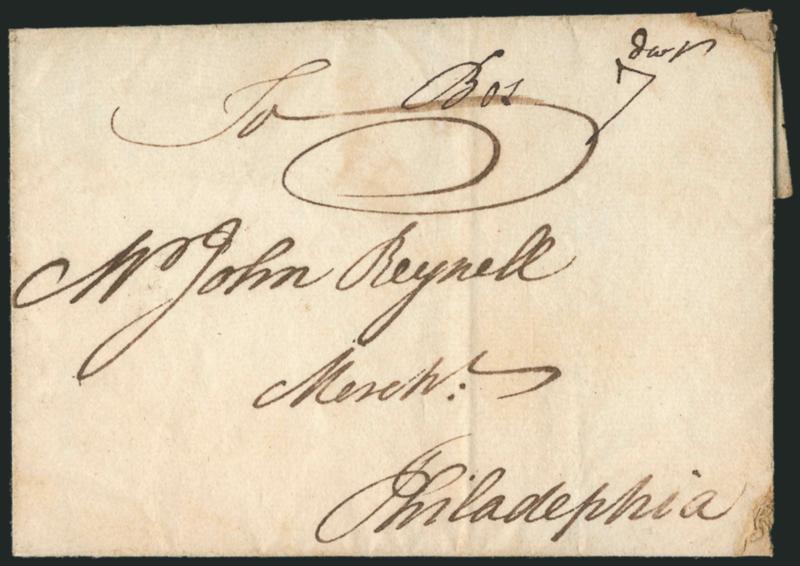 (Boston Mass., 1759) Bos. 7dwt.> Manuscript postmark and 7dwt rate on 1759 folded cover to Philadelphia, some slight edgewear, Very Fine, attractive