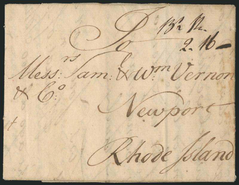 (Boston Mass., 1764) Bs. Sh. 2.16.> Manuscript ship-letter postmark (2dwt plus 16gr ship fee) on folded letter datelined <<Cadiz 6th April 1764>> from Spain to Newport R.I. via Boston, fresh and Very
Fine