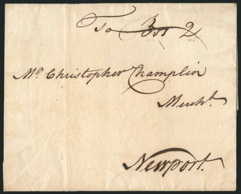 (Boston Mass., 1765) Bos. 2.> Neat manuscript postmark and 2dwt rate on 1765 folded cover to Newport R.I., fresh and Very Fine