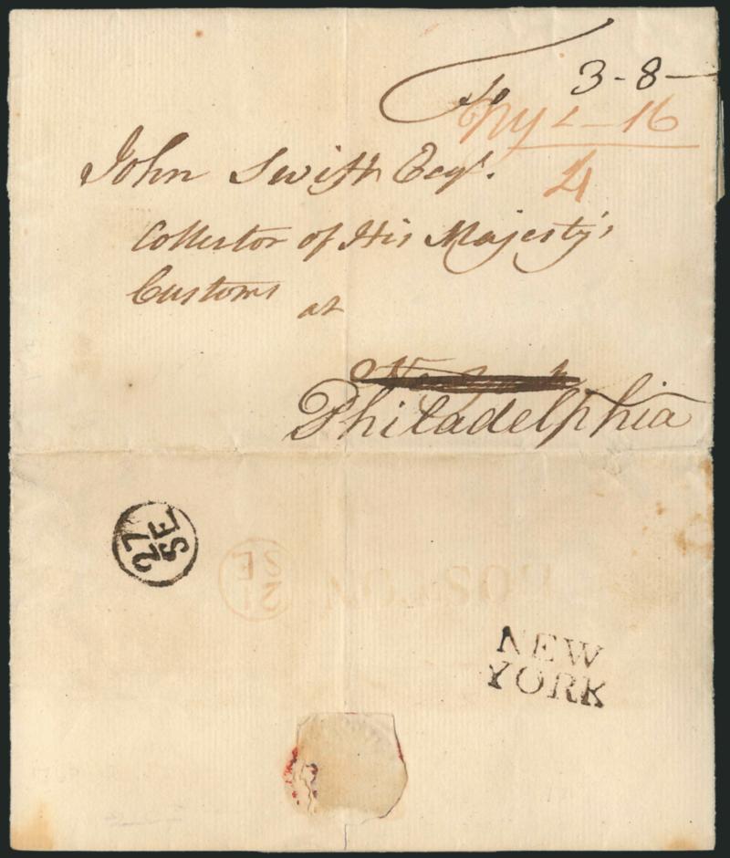 (Boston Mass., 1769) BOSTON.> Light strike of red straightline handstamp with matching 21SE (Sep. 21) Franklin mark on back of 1769 folded letter to New York and forwarded to Philadelphia, clear strike of
^NEWYORK^ two-line handstamp struck i