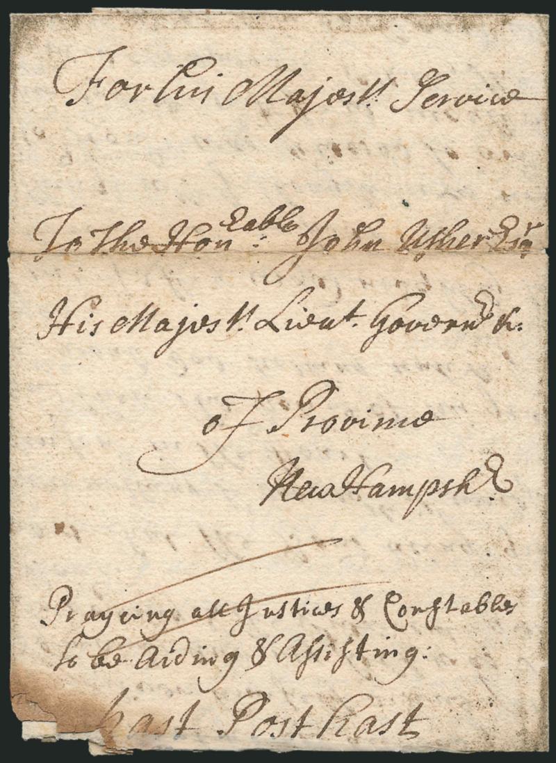 (New Castle N.H., 1695) New Castle Decembr 10th 1695.> Dateline on folded letter addressed to <<The Honable John Usher Esq., His Majestys Lieut. Gouvrnr of Province New Hampshire>>, also with ms. <<For his
Majestys Service>> as well as <<Pra