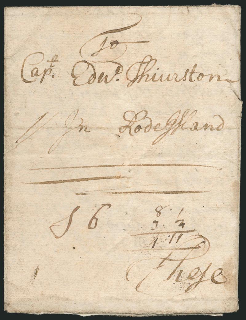 (Portsmouth N.H., 1719) Piscattagua, Decembr 231719.> Dateline on folded letter to Capt. Edward Thurston in Rhode Island, ms. S 6 and These, some soiling, minor edgewear, Very Fine and a very early usage, ex
Siskin