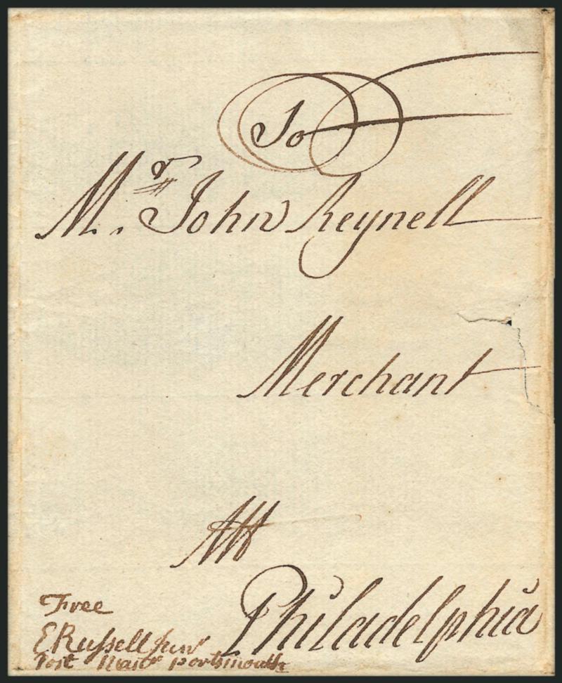 (Portsmouth N.H., 1746) Free E Russell Junr. Post Mastr Portsmouth.> Manuscript postmasters free frank on folded cover to John Reynell in Philadelphia, receipt docketing <<From John Sherburne Recd 2nd of 5th
mon. 1746,>> minor opening tear in ri