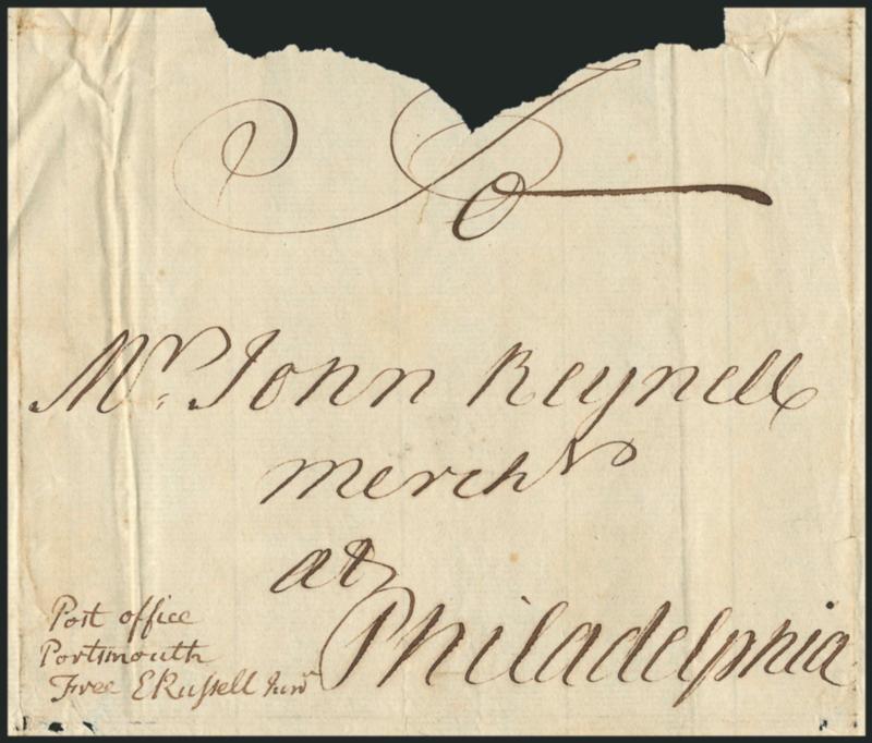 (Portsmouth N.H., ca. 1749) Post Office Portsmouth Free E Russell Junr.> Manuscript postmasters free frank on folded cover to John Reynell in Philadelphia, no date (ca. 1749), piece out of top panel and small
insignificant part of address panel, o