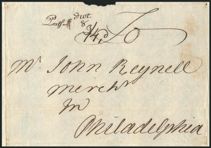 (Portsmouth N.H., ca. 1750) Portsmth. 8dwt.> Unlisted manuscript postmark (Portsmouth name with th high) and 8dwt rate on folded cover to John Reynell in Philadelphia, 34d due in local currency (8dwt =24p x
1.67 inflation factor=40p, or 3sh4p