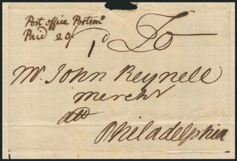 (Portsmouth N.H., 1754) Post Office Portsmo. Paid 20.> Manuscript postmark and <20sh inflation rate> on folded cover to John Reynell in Philadelphia, additional 1d rate presumably applied in Philadelphia,
pencil 1754 notation, which correspond