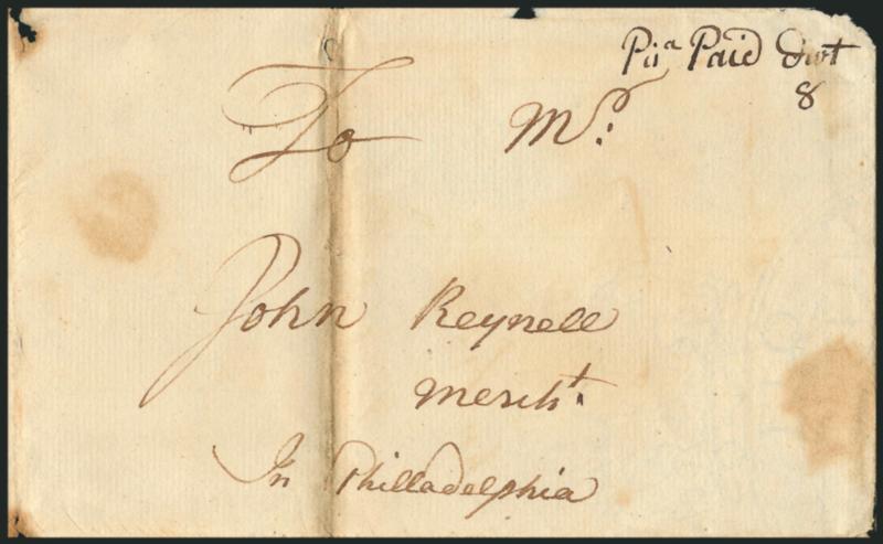 (Portsmouth N.H., 1758) Pisa Paid 8dwt.> Manuscript postmark (Piscataqua) and 8dwt rate on folded cover to John Reynell in Philadelphia, receipt docketing <<From Joseph Allcock, Reced 28d of 8mon: 1758,>> dark
toning along file fold, couple stai