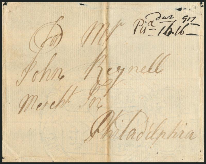 (Portsmouth N.H., 1759) Pisa 16dwt 16grs.> Manuscript postmark (Piscataqua) and double rate (2x 8dwt plus 16gr ship fee) on folded cover to John Reynell in Philadelphia, receipt docketing <<From Capt. Willm.
Pearne reced 10 month 3d 1759,>> tone