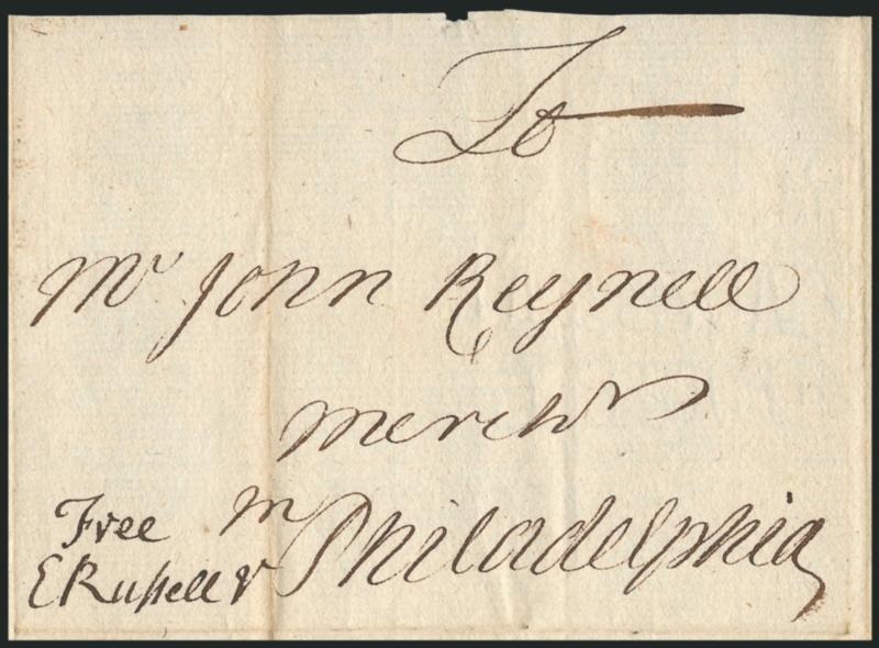(Portsmouth N.H., 1760) Free E Russell Jr.> Manuscript postmasters free frank on folded cover to John Reynell in Philadelphia, receipt docketing <<From Jno. Sherburne Recd 4 mon:10:1760,>> top panels removed,
otherwise Very Fine, rare Colonial p
