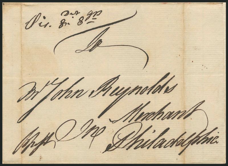 (Portsmouth N.H., 1761) Pis. 8dwt 8grs.> Manuscript postmark (Piscataqua) and rate (8dwt plus 8gr ship fee) on folded cover to John Reynell in Philadelphia, receipt docketing <<From Henry Apthorp, Reced 7th
mo: 29th 1761,>> minor toning along fi
