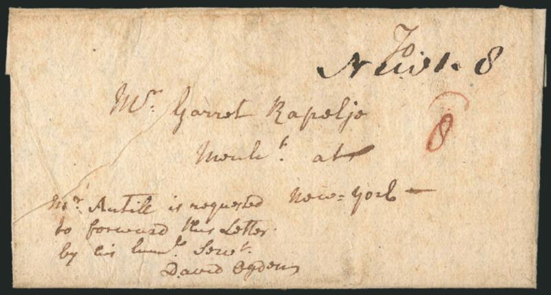(Newark, N.J., 1771) New 1.8.> Bold manuscript postmark with 1dwt 8gr rate and 8d due in local currency on 1771 folded letter to New York, <written by David Ogden,> a Supreme Court judge in 1772 and Loyalist
who went to England during the Revolut