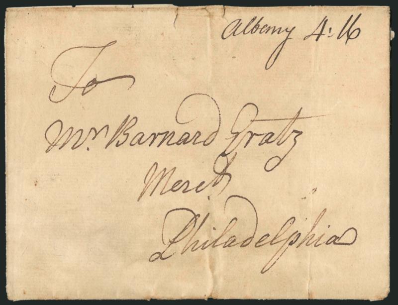 (Albany N.Y., ca. 1773) Albany 4.16.> Manuscript postmark with 4dwt 16gr rate on ca. 1773 folded cover to Philadelphia, pencil year docketing on back, some slight wear, Very Fine, scarce, ex Siskin