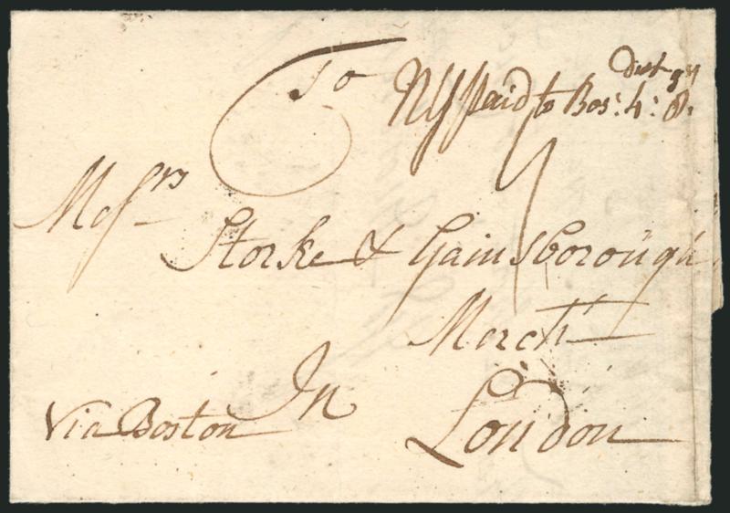 (New York N.Y., 1736) New York Paid to Boston 4dwt 8gr.> Manuscript postmark with 4dwt 8gr rate on folded letter datelined <<New York Sept. 27th 1736>> and addressed <to London, England,> senders routing <<Via
Boston>>, London Bishops mark on