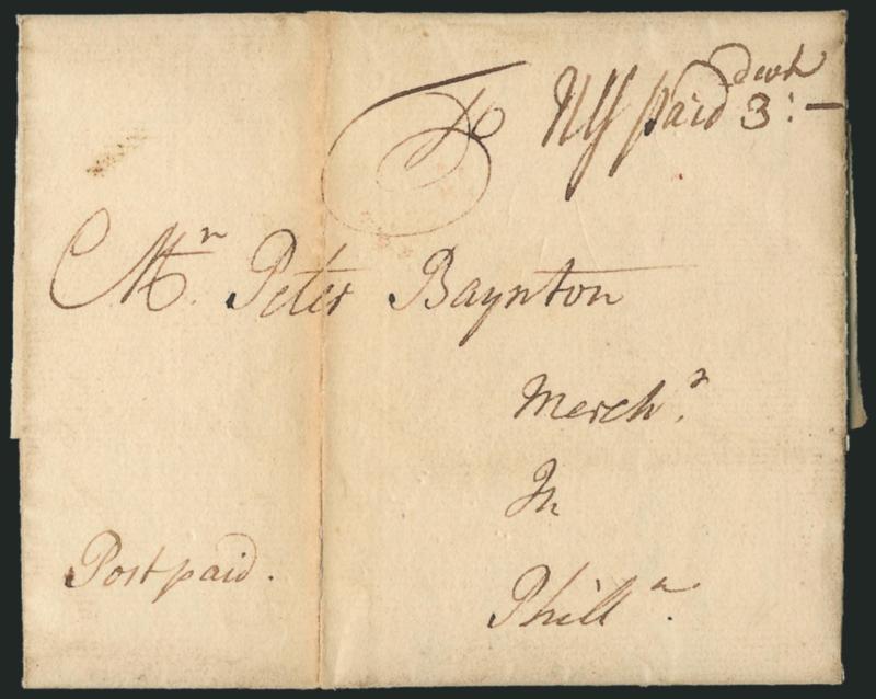 (New York N.Y., 1743) NY Paid 3 dwt.> Manuscript postmark with 3dwt rate on folded letter datelined <<New York 27th Febr. 1743>> to Peter Boynton in Philadelphia, some splitting along vertical file fold away
from markings, Very Fine