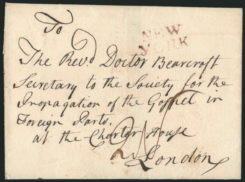 (New York N.Y., 1760) NEWYORK.> Two-line handstamp struck in reddish-brown with 8OC (Oct. 8) Franklin mark on back of 1760 folded cover <to London, England,> ms. 2N rate, Very Fine, carried on the Falmouth-New
York Packet