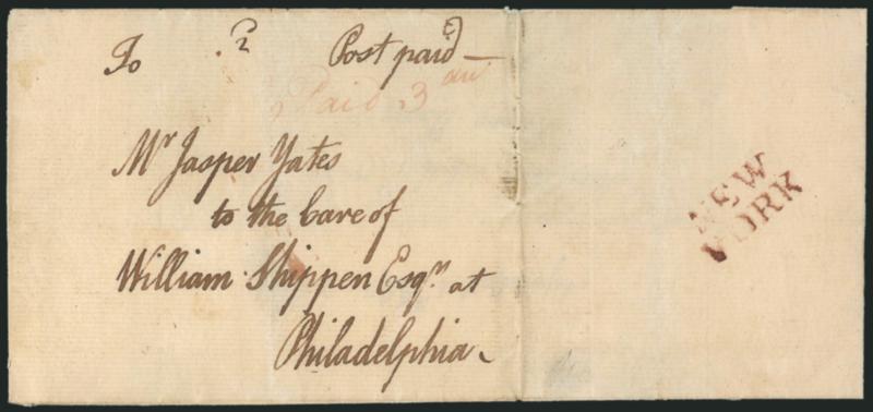 (New York N.Y., 1764) NEWYORK.> Two-line handstamp struck in violet on side flap of 1764 folded cover to Philadelphia, ms. <<Paid 3dw>> docketed inside <<New-York April 9th 1764 Henry Waddell>>, clear
papermakers watermark, Very Fine, Waddell