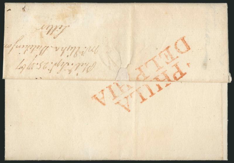 (Philadelphia Pa., 1767) PHILADELPHIA.> Bold strike of handstamp in red on back of folded letter to Boston, red ms. 4 dwt rate, small part of H missing from opening, still Extremely Fine strike of this scarce
marking which is the first type of