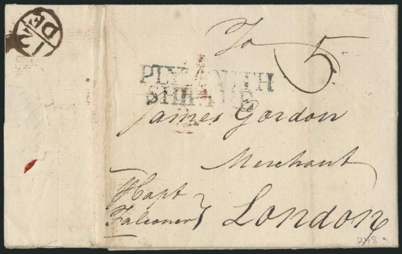 (Philadelphia Pa. 1768) Ship Letter to London.> Folded letter datelined <<Philada. 11 Mo. 7th 1768>> and addressed <to London, England,> endorsed <<pr Capt. Falconer>> and with bold ^PLYMOUTHSHIP LRE^
handstamp, brown 12DE (Dec. 12) Bishop