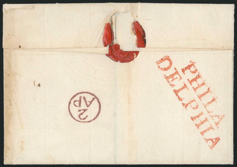 (Philadelphia Pa., 1771) PHILADELPHIA.> Perfect strike in red of two-line handstamp on back of 1771 folded cover to Providence R.I., red ms. 4 dwt rate, red 2AP (Apr. 2) Franklin mark, Extremely Fine strike of
the first Philadelphia handstamp