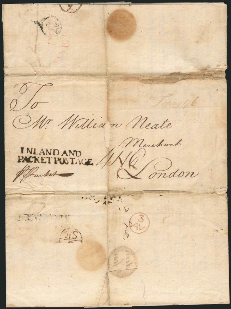 (Philadelphia Pa., 1773) PHILADELPHIA.> Light strike of red two-line handstamp and 3AV (Aug. 3) Franklin mark on back of folded letter datelined <<Philadelphia 12th July 1773>> addressed <to London, England,>
light strike of ^NEW YORK^ stra